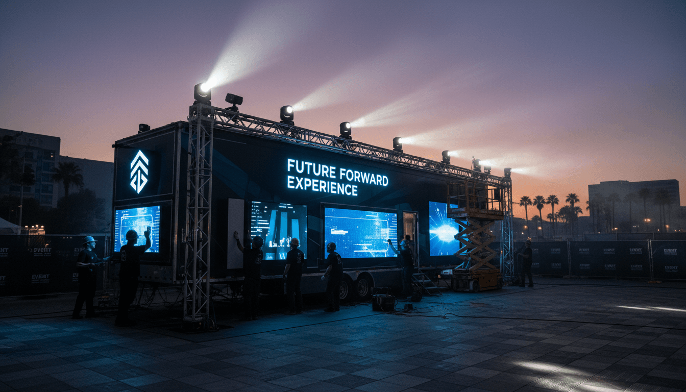 Event production team on a branded mobile tour trailer