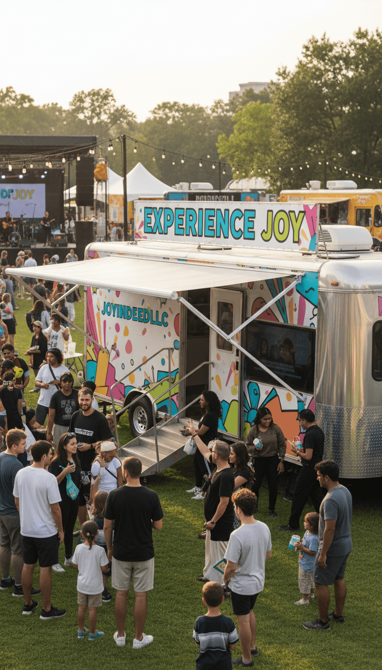 Branded mobile marketing trailer at a lively outdoor event