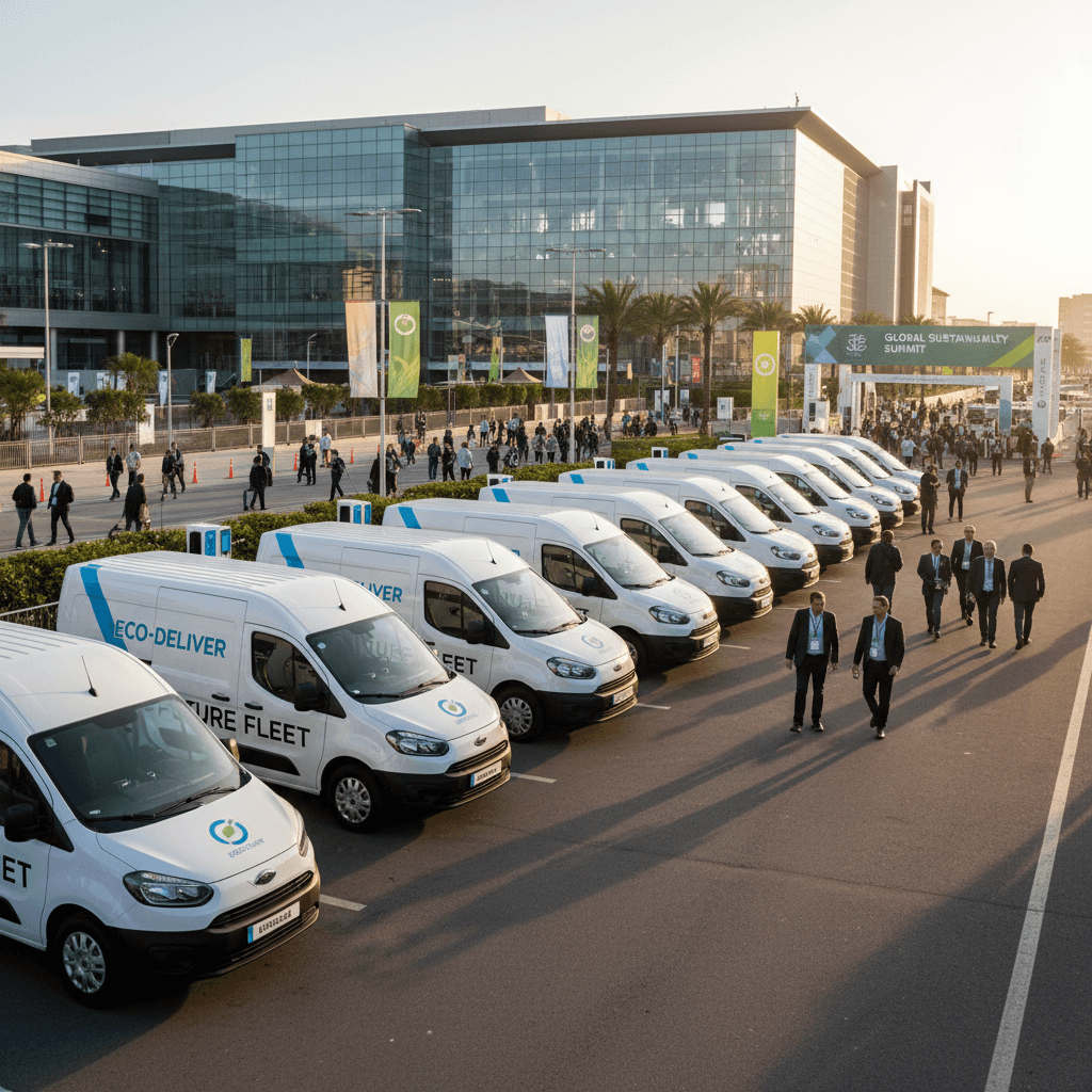 Fleet of branded vehicles lined up at a venue