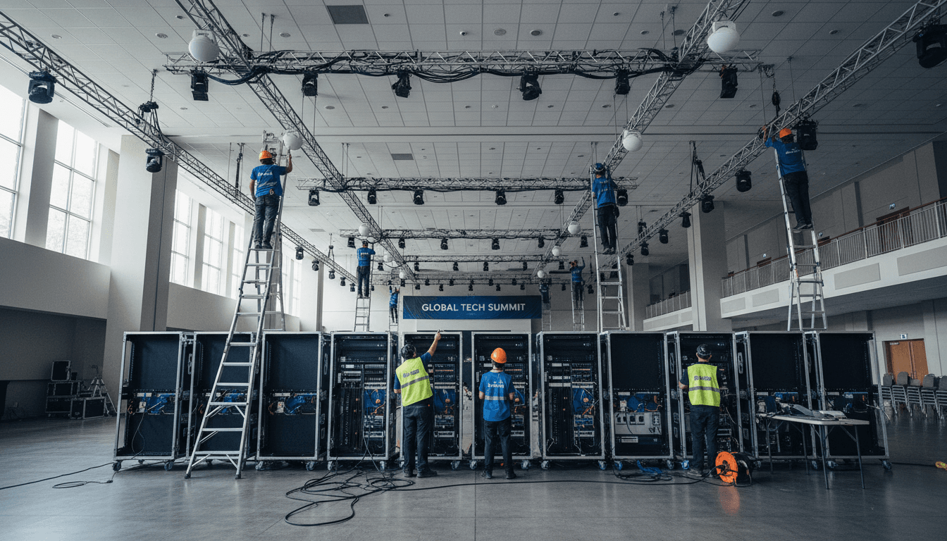 Workers moving equipment in a convention hall before an event