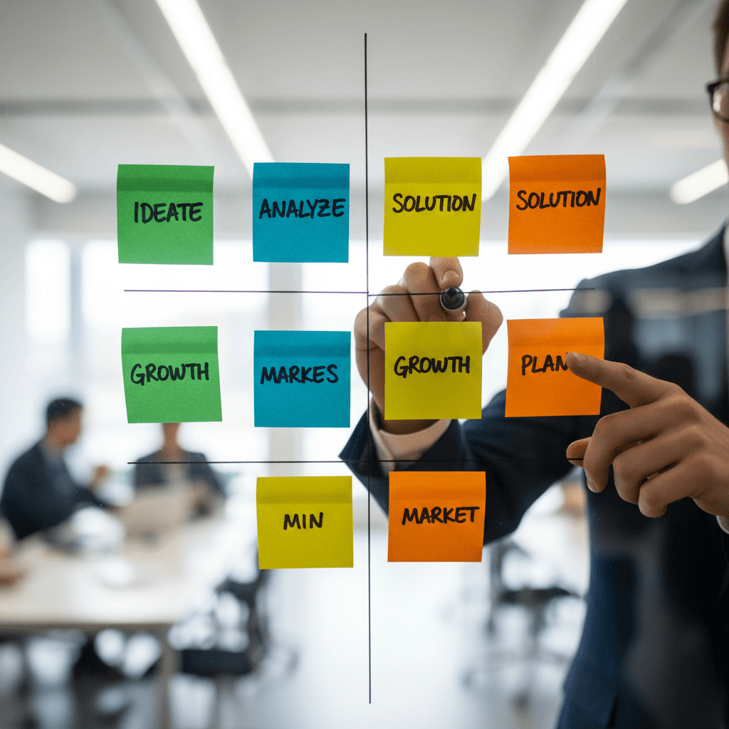 Close-up of consultant hands arranging color-coded sticky notes on glass board for strategic planning and process mapping