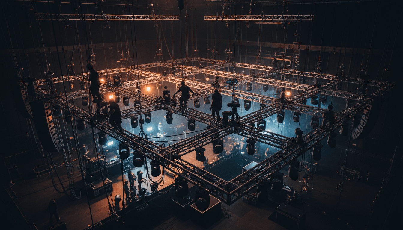 Stagehands adjusting rigging equipment in a large event venue