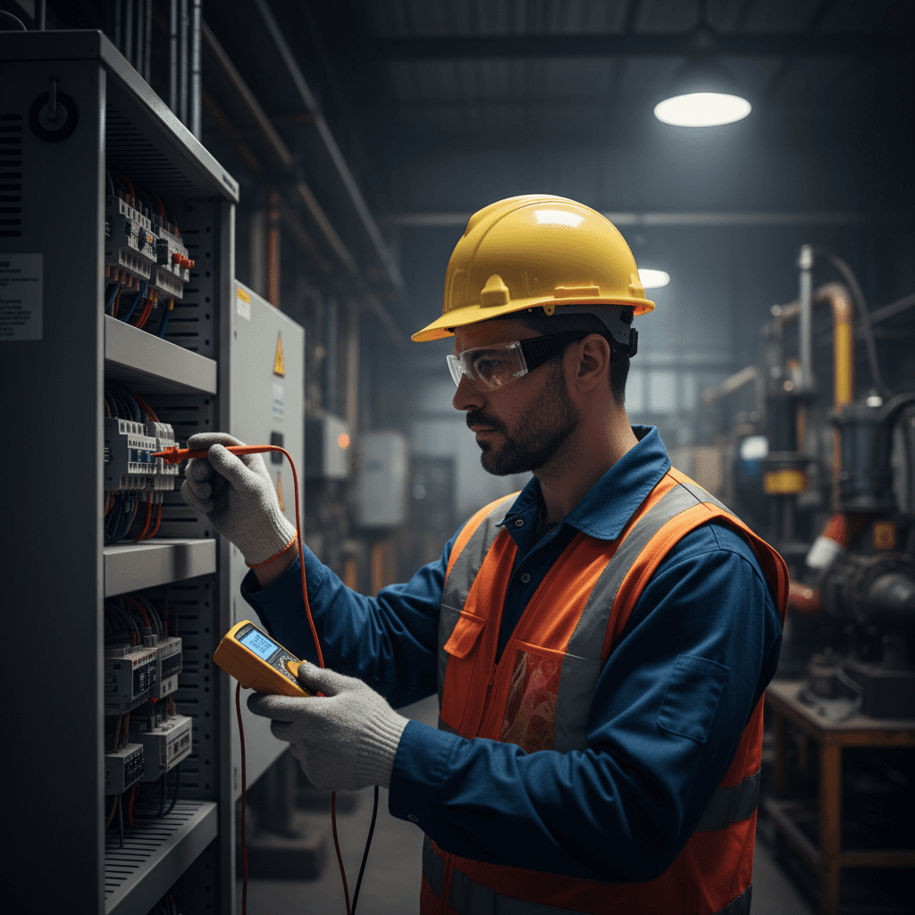 Electrician checking power cables at an outdoor festival stage