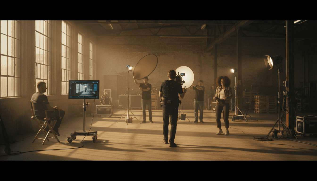 Production crew briefing before an event in a warehouse