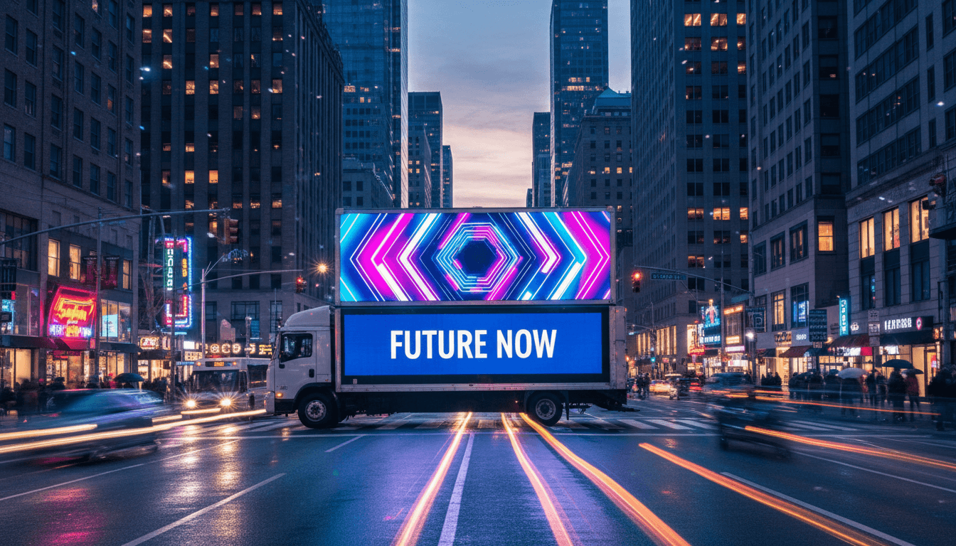 branded trailer traveling on highway at dusk with cinematic lighting