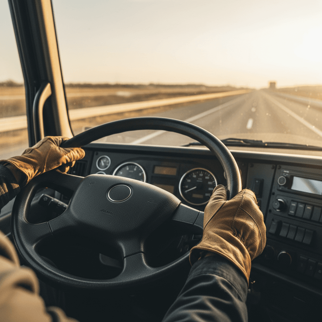 Close-up of truck driver's gloved hands gripping steering wheel during daytime highway driving with open road ahead